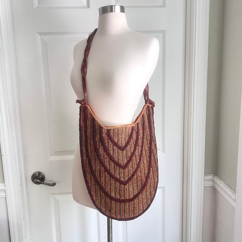 Beaded Shoulder Bag Womens Large Boho Chevron Wood Bead Brown Festival